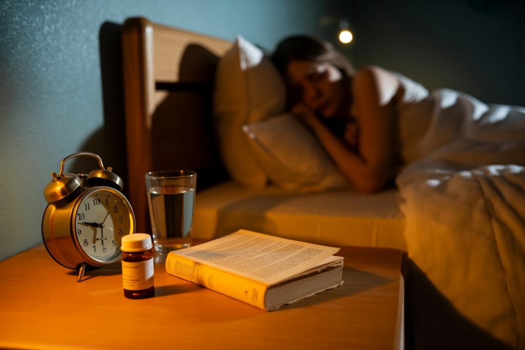 "A bedside table with a book, clock, glass of water, and a bottle of pills in a dimly lit room. A person is faintly visible in the background on the bed, creating a calm yet subtly tense atmosphere, with soft nightlight casting shadows."