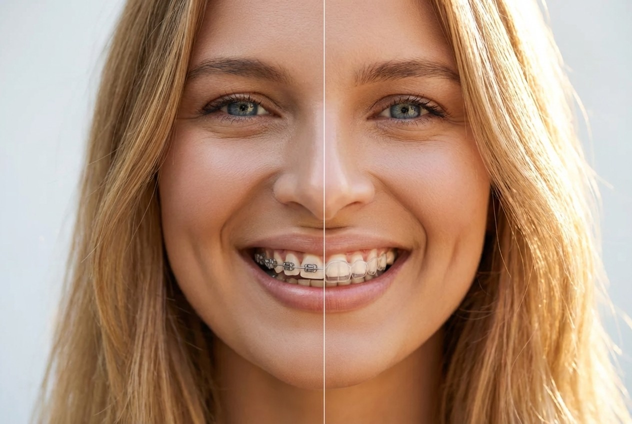 "European young woman smiling with a split image: On the left side, traditional metal braces with visible brackets and wires, and on the right side, clear aligners (thin, transparent plastic trays) barely noticeable on her teeth. The image highlights the difference between the two orthodontic treatments."