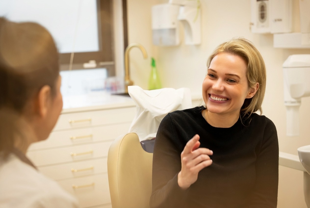 "European woman smiling, showcasing her healthy and bright teeth, symbolizing the positive impact of dental care and treatments for white spot lesions."