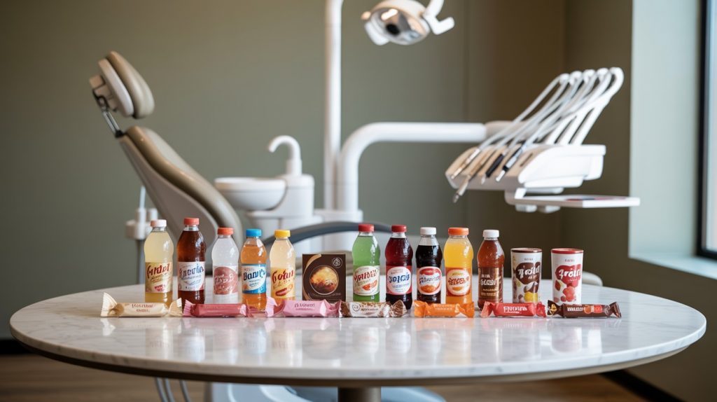 A variety of sugary products like candies, chocolate, soft drinks, and juice bottles placed on a clean table. In the blurred background, dental equipment and a dental chair are visible, reflecting a professional dental clinic environment. The color scheme includes white, light gray, and brownish-golden tones, creating an elegant and minimalist atmosphere. This image highlights the impact of sugary foods on dental health.