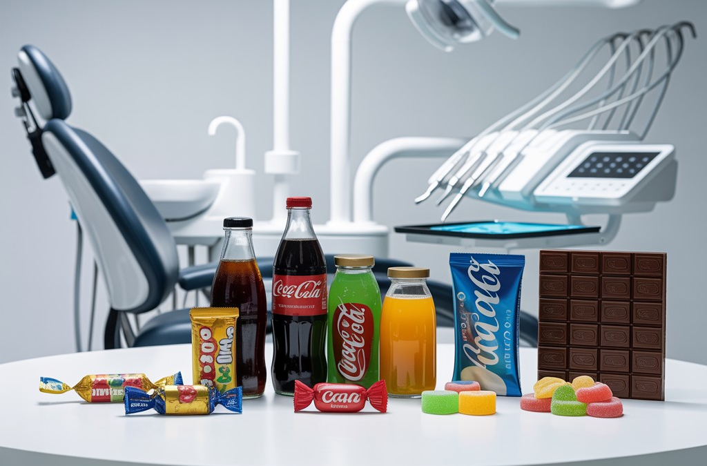 A variety of sugary products like candies, chocolate, soft drinks, and juice bottles placed on a clean table. In the blurred background, dental equipment and a dental chair are visible, reflecting a professional dental clinic environment. The color scheme includes white, light gray, and brownish-golden tones, creating an elegant and minimalist atmosphere. This image highlights the impact of sugary foods on dental health.
