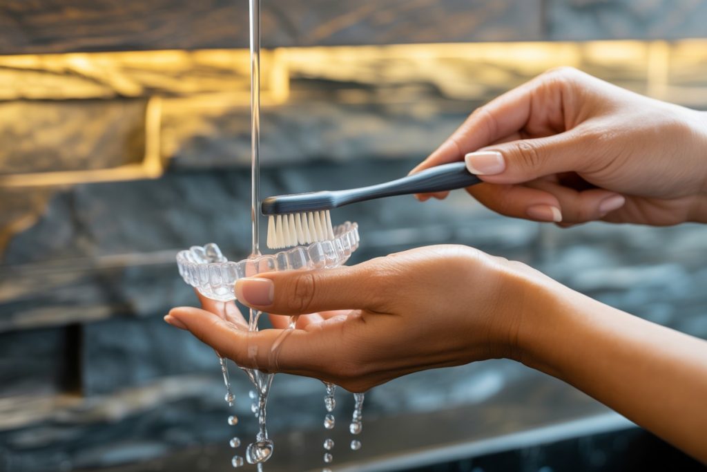 Het zorgvuldig reinigen van een transparante aligner met een zachte tandenborstel onder stromend water voor een optimale mondhygiëne.