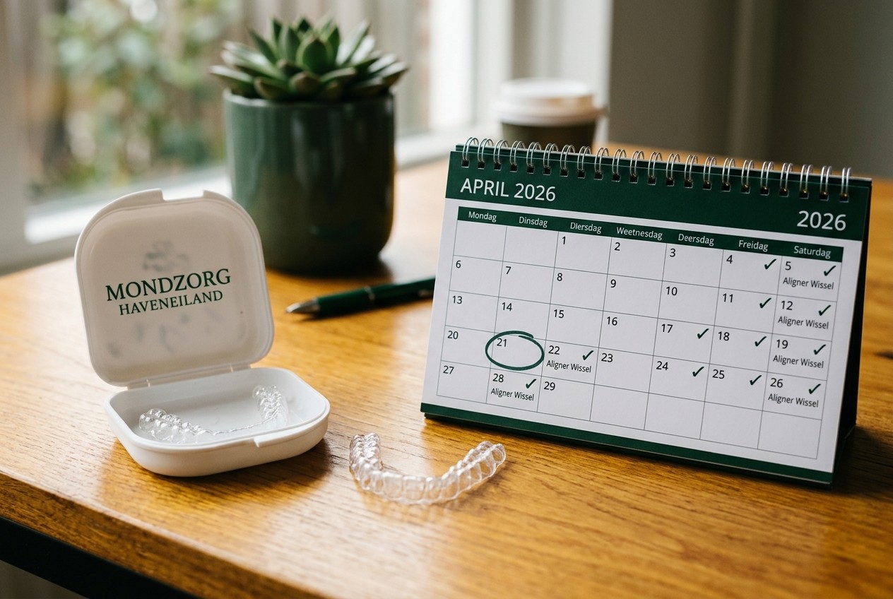 Een transparante aligner in een opbergdoosje naast een bureaukalender die de tijdlijn en planning van een onzichtbare beugelbehandeling weergeeft bij Mondzorg Haveneiland.