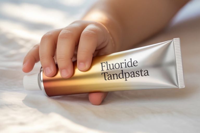 Kinderhand houdt een tube fluoride tandpasta vast voor dagelijkse mondverzorging