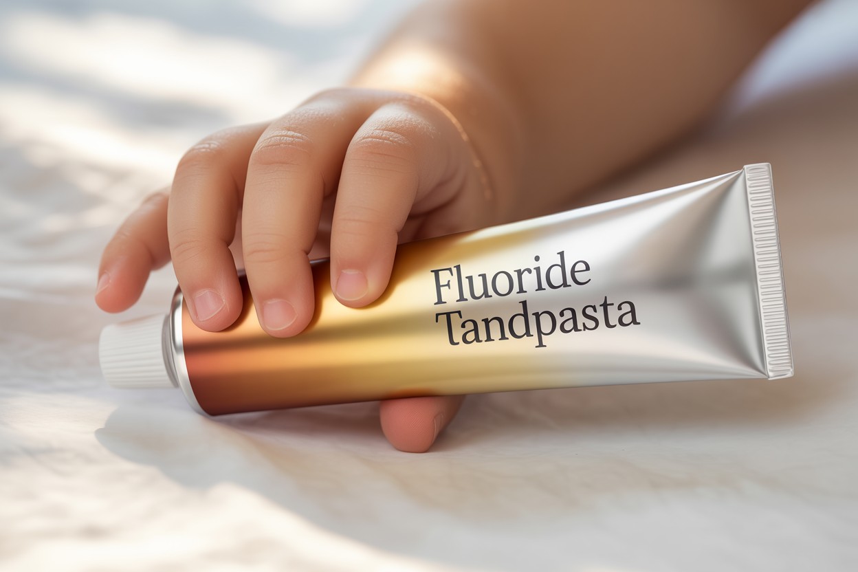 Kinderhand houdt een tube fluoride tandpasta vast voor dagelijkse mondverzorging