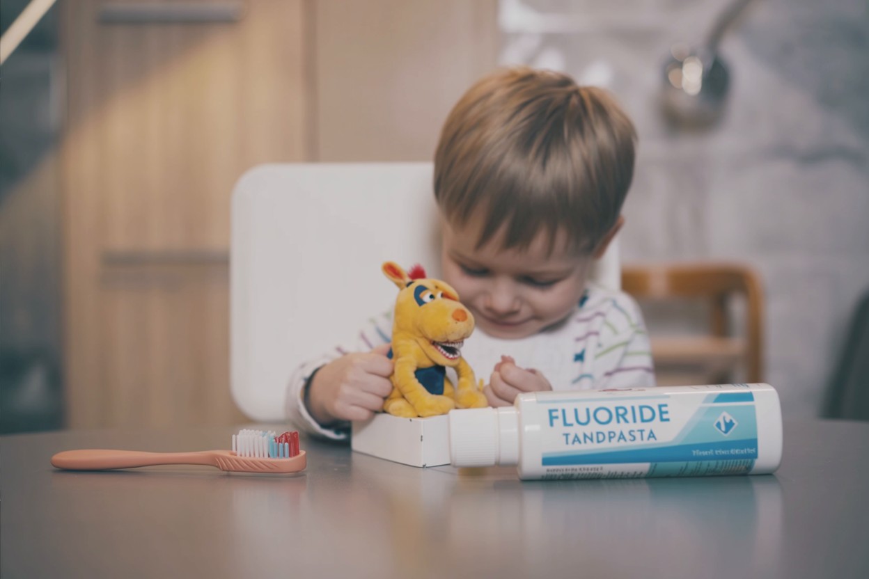 Kinder tandenborstel en fluoride tandpasta naast speelgoedpop op een tafel voor mondverzorging