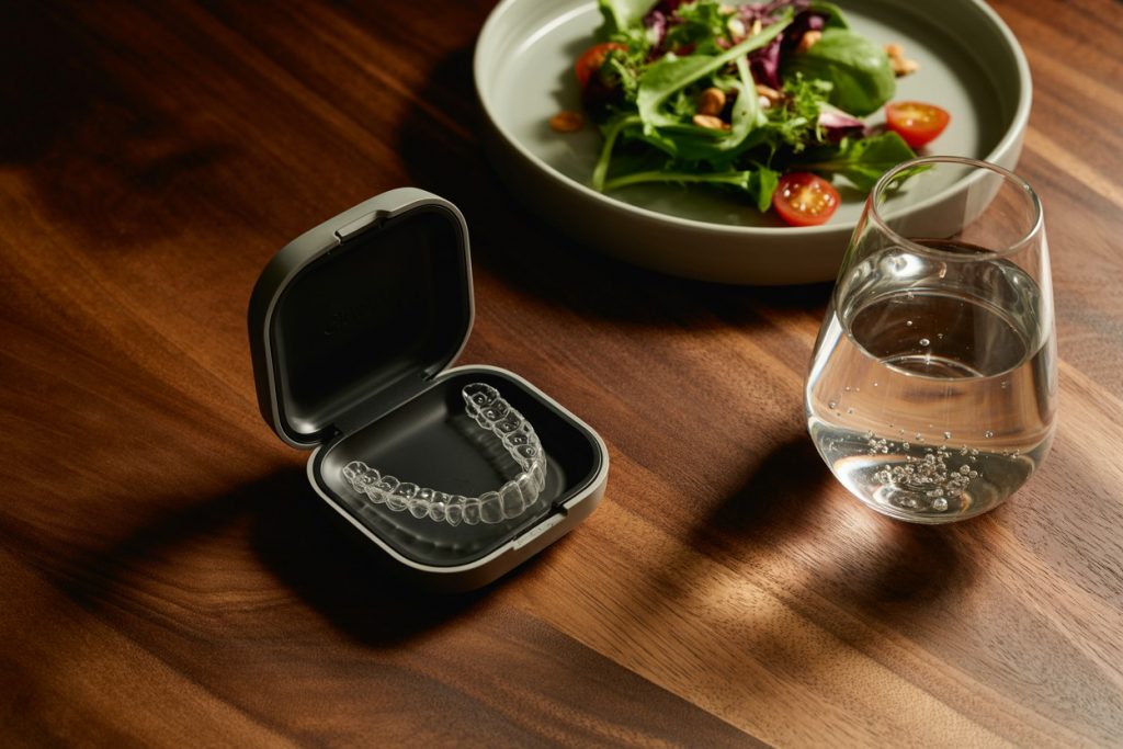 Een geopende zwarte beugelcassette op een houten tafel naast een gezonde maaltijd, wat het gemak van eten met uitneembare aligners illustreert.