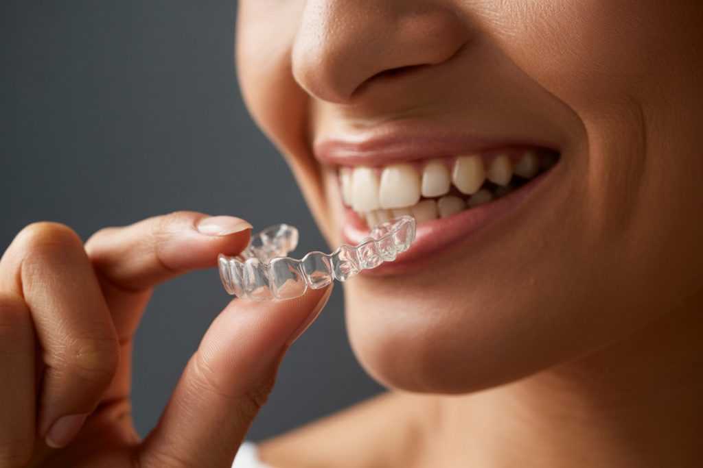 Een patiënt die zelfverzekerd een onzichtbare aligner inbrengt, gericht op de transparantie en het esthetische voordeel van de behandeling.