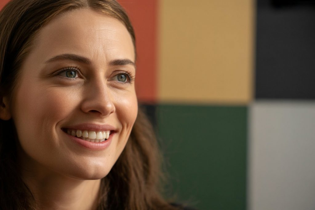 Een vrouw met een stralende lach en gezond tandvlees.