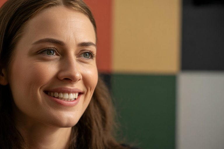 Een vrouw met een stralende lach en gezond tandvlees.