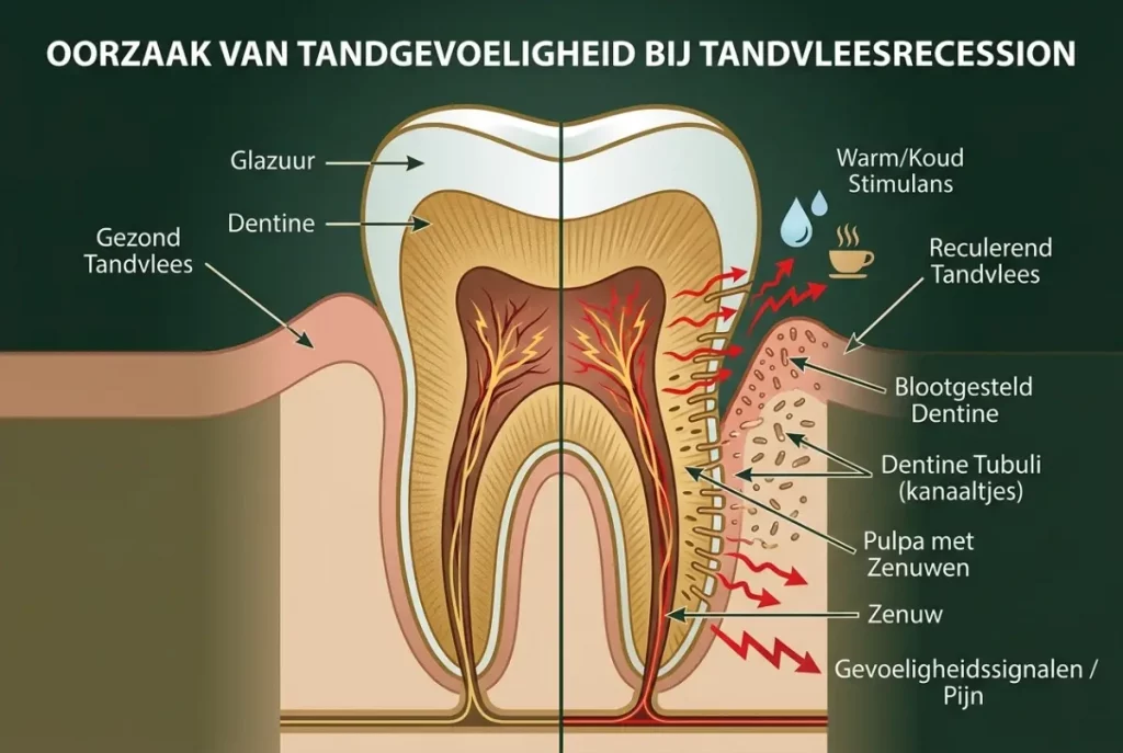 Anatomische illustratie van een tand die laat zien hoe terugtrekkend tandvlees en blootliggend dentine leiden tot pijn en gevoeligheid.